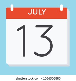July 13. Calendar icon. Vector illustration in flat design isolated in blue background. Date and time, day, month.