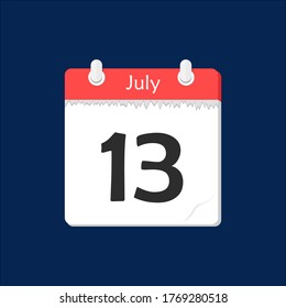 13 de julio. Icono de calendario diario plano vectorial. Fecha y hora, día, mes. Vacaciones.