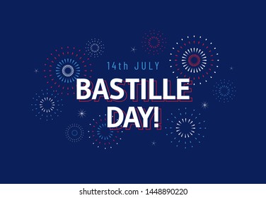 July 14, Bastille Day celebration in France. Greeting banner design for National Day in France with colorful fireworks on blue background. - Vector