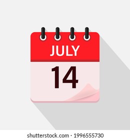 July 14, Calendar icon with shadow. Day, month. Flat vector illustration.