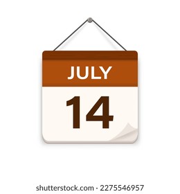 july 14, Calendar icon with shadow. Day, month. Meeting appointment time. Event schedule date. Flat vector illustration. 