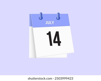 July 14 - calendar and Time planner. Daily Calendar Icon reminder. Vector Illustration.