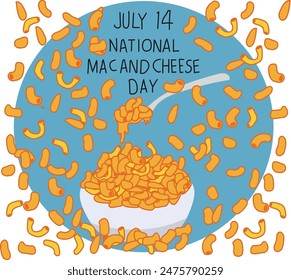 july 14 is national mac and cheese day vector illustration. 
Good for banner, poster, greeting card, party card, invitation, template, advertising, campaign, and social media. 
