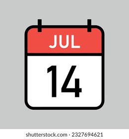 July 14, red and white color calendar page with black outline, calendar date vector illustration