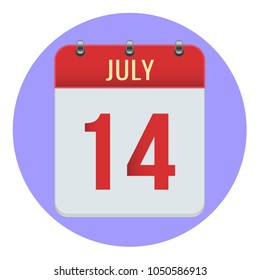 July 14. Vector flat daily calendar icon. Date and time, day, month 2018. Holiday. Season.