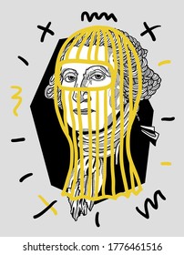 July 15, 2020: George Washington sculpture. Balaclava. Crazy yellow vector illustration hand drawn. 