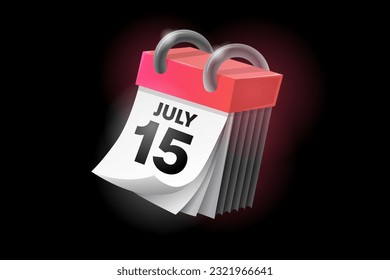 July 15 3d calendar icon with date isolated on black background. Can be used in isolation on any design.