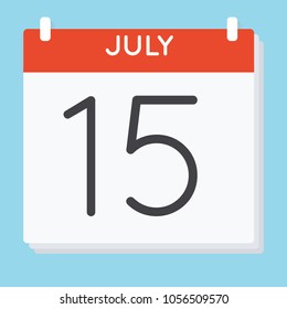July 15. Calendar icon. Vector illustration in flat design isolated in blue background. Date and time, day, month.