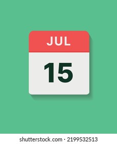 July 15 calendar icon, vector flat illustration. red, gray and green colors.