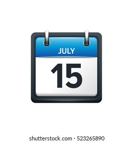 July 15. Calendar icon.Vector illustration,flat style.Month and date.Sunday,Monday,Tuesday,Wednesday,Thursday,Friday,Saturday.Week,weekend,red letter day. 2017,2018 year.Holidays.