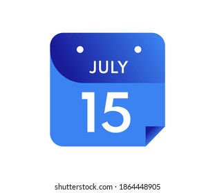 July 15 Date on a Single Day Calendar in Flat Style, 15 July calendar icon