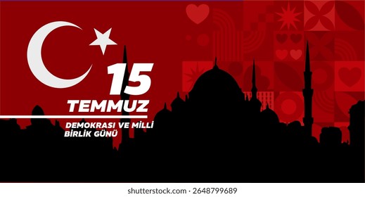 15 de julho Dia da Democracia Turca e Unidade Nacional , 15 temmuz, demokrasi ve milli birlik günü- banner, cartaz, ilustração vetorial

