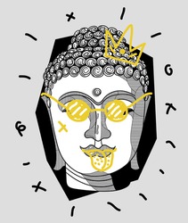 16 De Julio De 2020: Ilustración Vectorial De Color Amarillo Loco Dibujada A Mano. La Escultura De Buda Muestra La Lengua En Gafas Con Corona. 