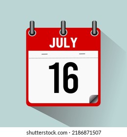 July 16, calendar icon vector illustration, isoleted on light blue background.