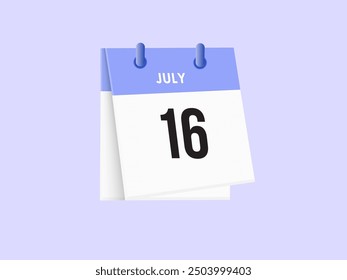 July 16 - calendar and Time planner. Daily Calendar Icon reminder. Vector Illustration.