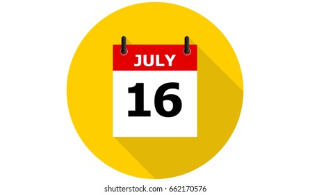 july 16 calendar vector yellow flat icon with long shadow