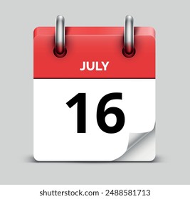 July 16 daily realistic red calendar icon date vector image