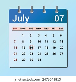 July 16. Flat icon calendar isolated on blue background. Date and month vector illustration