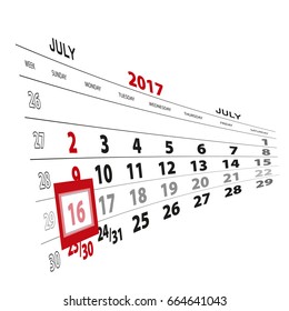 July 16, highlighted on 2017 calendar. Vector Illustration.