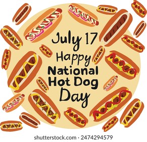 
july 17 is National Hot Dog Day vector illustration. 
Good for banner, poster, greeting card, party card, invitation, template, advertising, campaign, and social media. 
