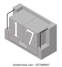 July 17th date on a single day calendar. Gray wood block calendar present date 17 and month July isolated on white background. Holiday. Season. Vector isometric illustration