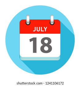 July 18 Date on a Single Day Calendar in Flat Style with long flat shadow on a blue background