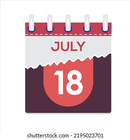 18 de julio. Icono de calendario diario plano vectorial. Fecha y hora, día, mes. Vacaciones. Temporada. Fondo blanco