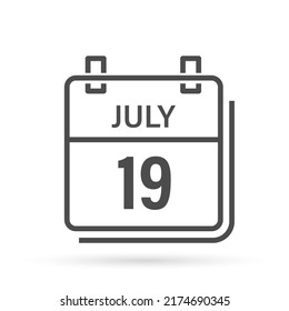 July 19, Calendar icon with shadow. Day, month. Flat vector illustration.