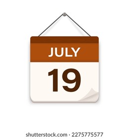 july 19, Calendar icon with shadow. Day, month. Meeting appointment time. Event schedule date. Flat vector illustration. 