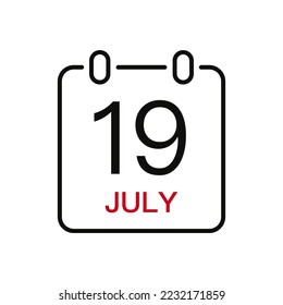 July 19 date on the calendar, vector line stroke icon for user interface. Calendar with date, vector illustration.