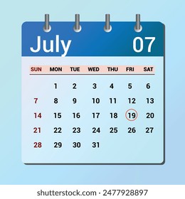 July 19. Flat icon calendar isolated on blue background. Date and month vector illustration