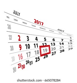 July 19, highlighted on 2017 calendar. Vector Illustration.