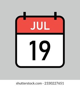 July 19, red and white color calendar page with black outline, calendar date vector illustration