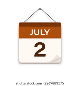 july 2, Calendar icon with shadow. Day, month. Meeting appointment time. Event schedule date. Flat vector illustration. 