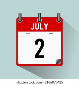 July 2, calendar icon vector illustration, isoleted on light blue background.
