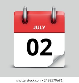 July 2 daily realistic red calendar icon date vector image