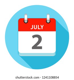 July 2 Date on a Single Day Calendar in Flat Style with long flat shadow on a blue background