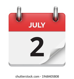 July 2 flat daily realistic calendar icon date vector image