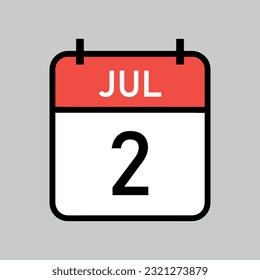 July 2, red and white color calendar page with black outline, calendar date vector illustration