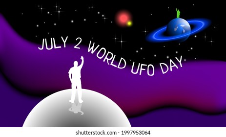 July 2 world UFO day. Two humanoid silhouettes greet each other across cosmic distance. Planets, stars and nebulae. Blue Saturn with rings