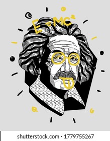 July 20, 2020: Crazy yellow vector illustration hand drawn. Albert Einstein. 