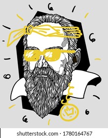 July 20, 2020: Crazy yellow vector illustration hand drawn. Galileo Galilei, rapper with glasses. 