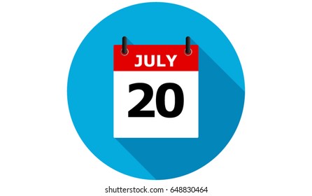 july 20 blue calendar vector flat icon with long shadow