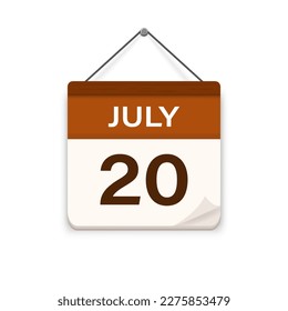 july 20, Calendar icon with shadow. Day, month. Meeting appointment time. Event schedule date. Flat vector illustration. 