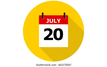 july 20 calendar vector yellow flat icon with long shadow