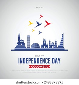 July 20 - Happy Independence Day Colombia Post and Greeting Card. Colombia Independence Day Flyer Template with Text and Colombia Skyline Vector Illustration