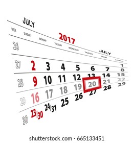 July 20, highlighted on 2017 calendar. Vector Illustration.