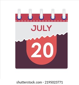 July 20. Vector flat daily calendar icon. Date and time, day, month. Holiday. Season. White Background