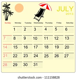  July 2013 calendar, vector illustration