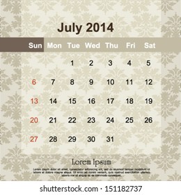 July 2014 calendar design, vector illustration